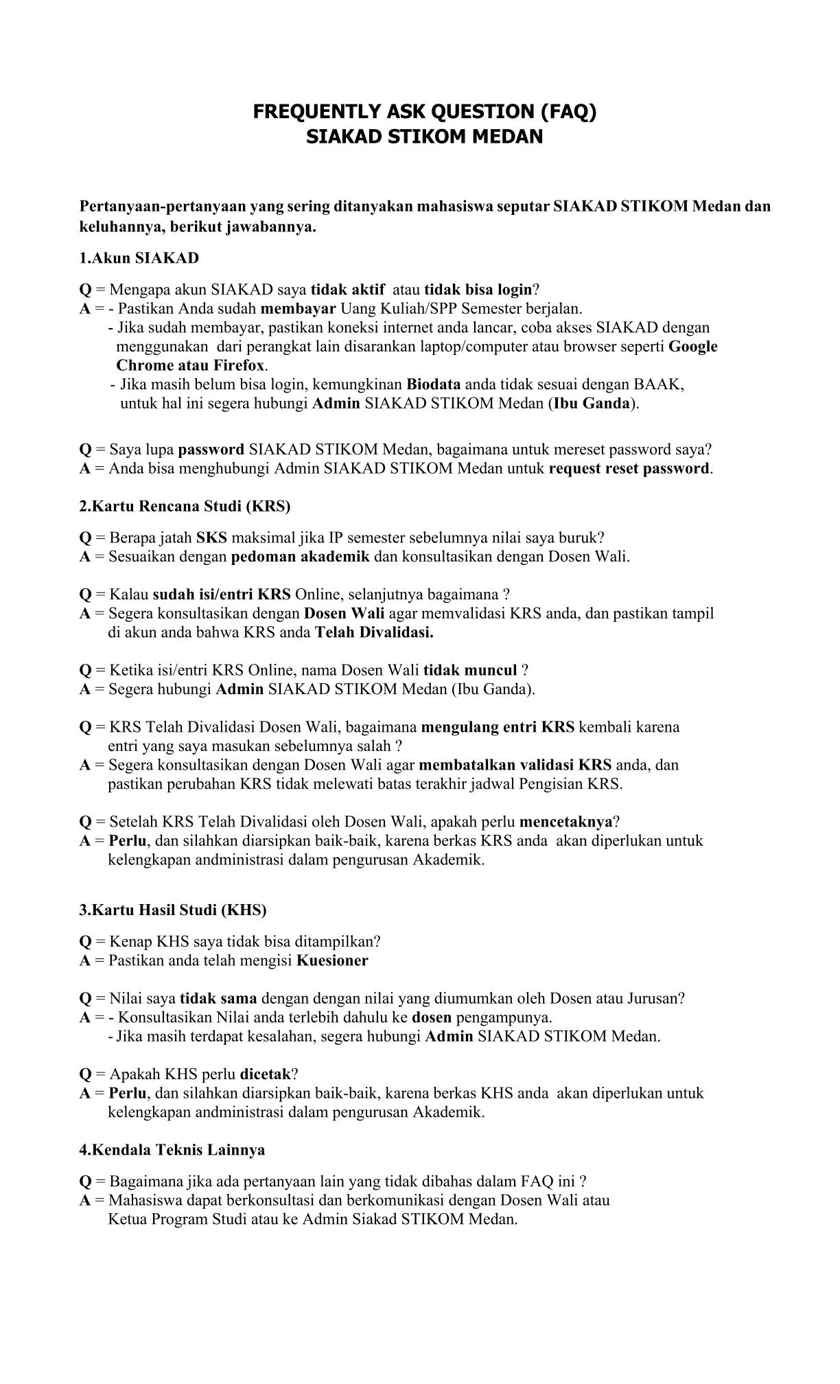 FREQUENTLY ASK QUESTION (FAQ) SIAKAD STIKOM MEDAN