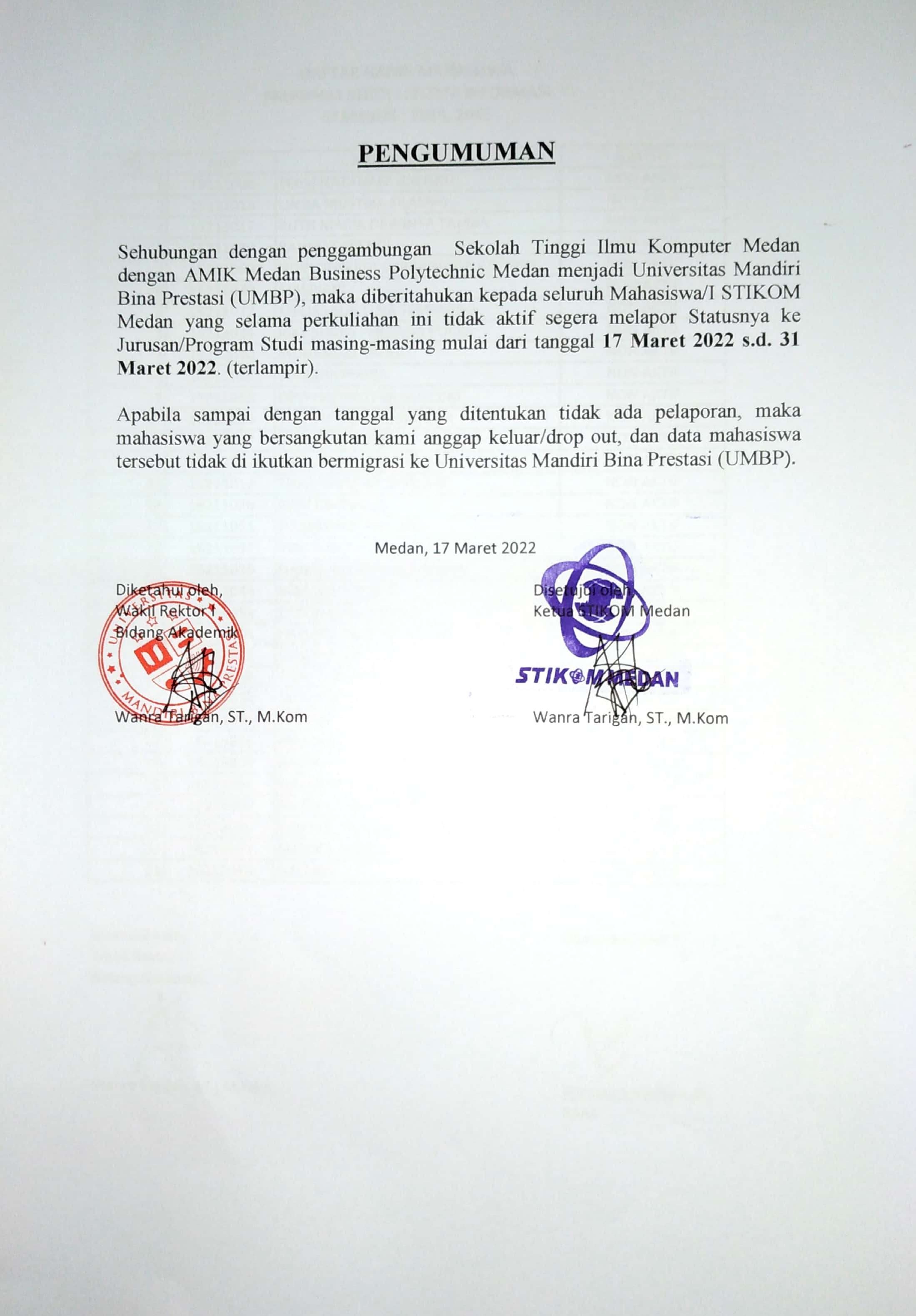 PENGUMUMAN TENTANG STATUS MAHASISWA DI PDDIKTI