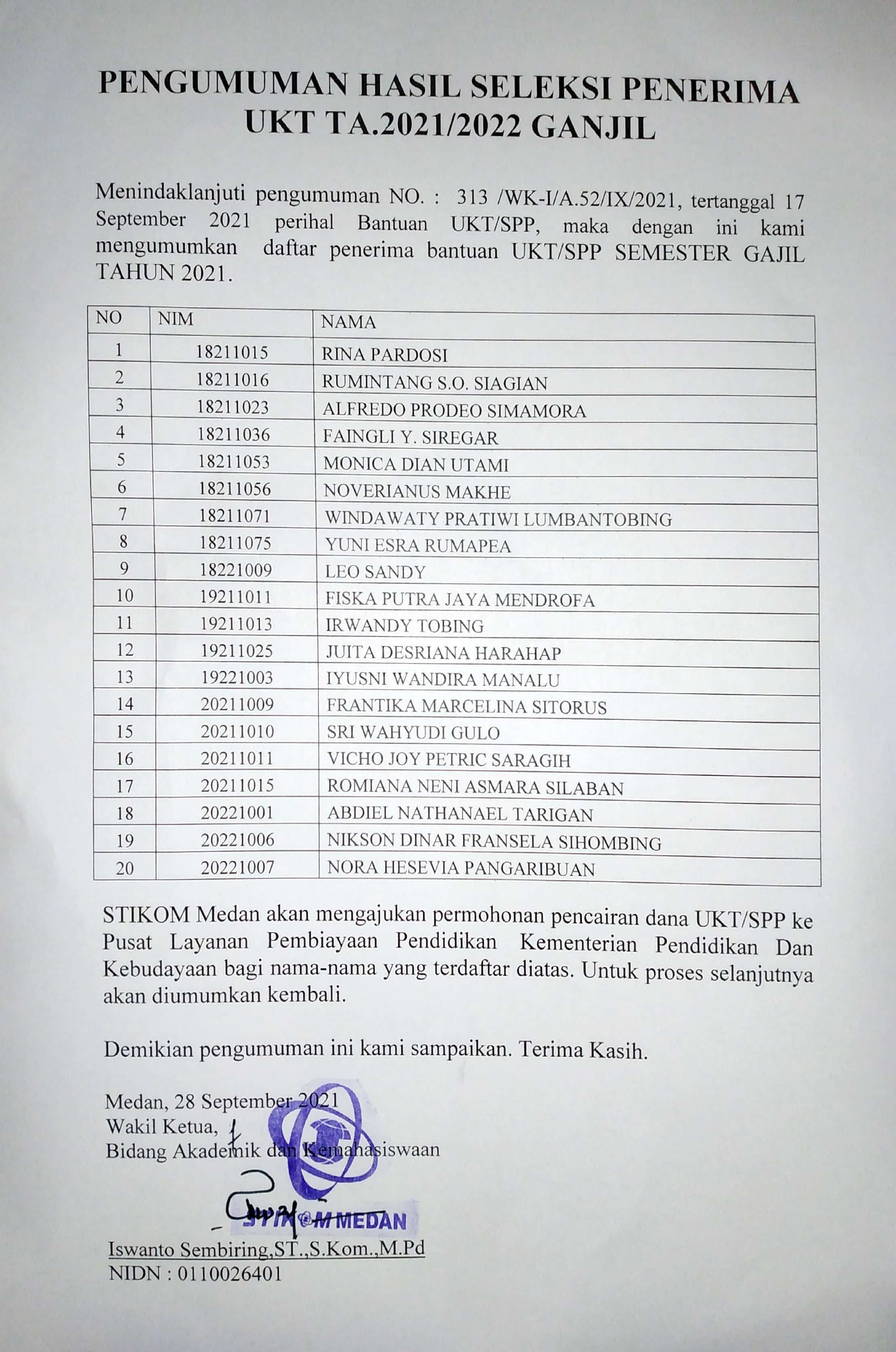 PENGUMUMAN HASIL SELEKSI PENERIMA UKT TA.2021/2022 GANJIL