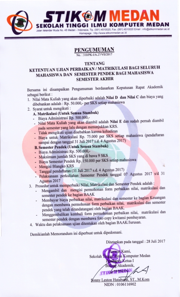 Pengumuman SP dan Matrikulasi T.A 2016/2017